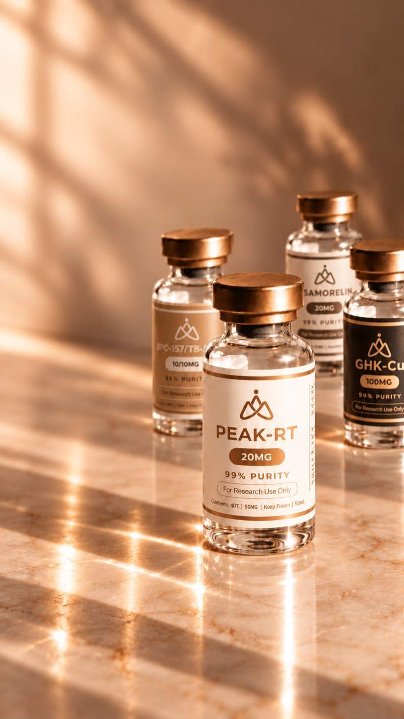 Peak research peptide vials in warm sunlight